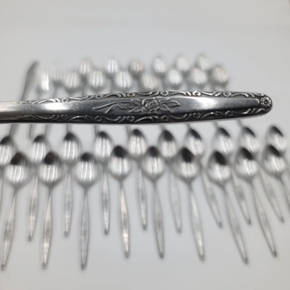 37pc SYF2 Japan Stainless Flatware Set Floral Rose Teaspoons Knives Forks